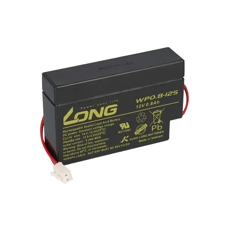 Batería de plomo 12V 0,8Ah con conector JST, compacta y versátil.